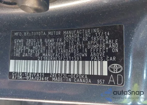 2015 Toyota Corolla L from USA, damaged, VIN 2T1BURHE5FC311391